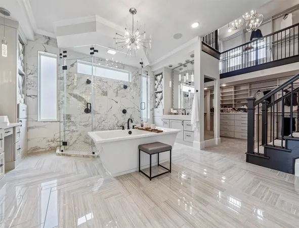 a large hall with a large tub and shower