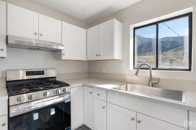 a kitchen with granite countertop white cabinets stainless steel appliances and a sink