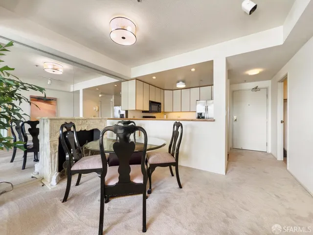 a view of a dining room with furniture