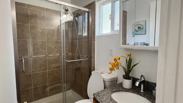 a bathroom with a granite countertop sink toilet and shower