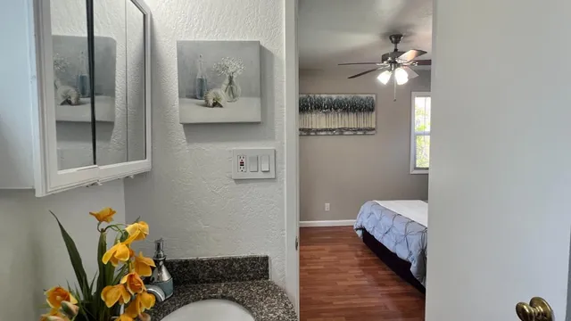 a bathroom with a granite countertop sink and a mirror