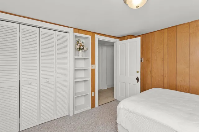 a bedroom with a bed and a closet