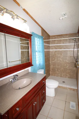 a bathroom with a sink a toilet and shower