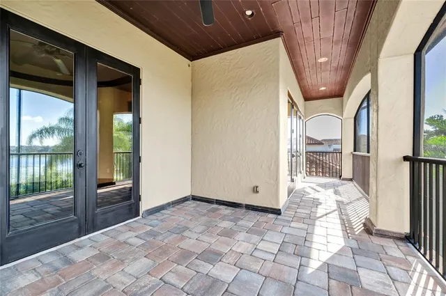 an aerial view of a swimming pool