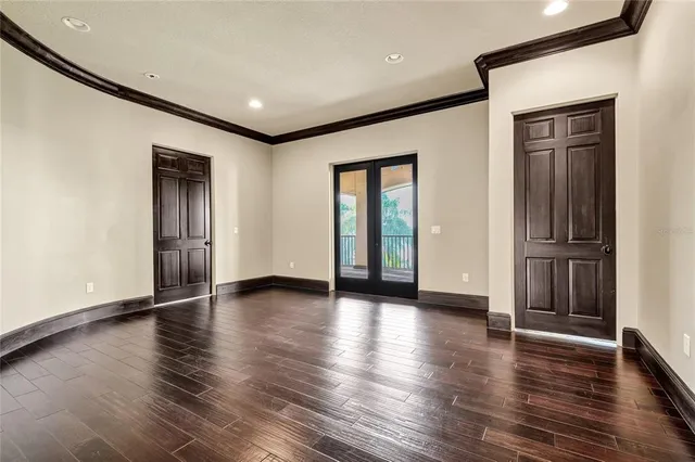 a view of a park with large trees