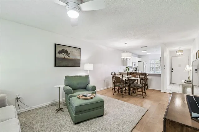 a living room with furniture and a dining table with rug