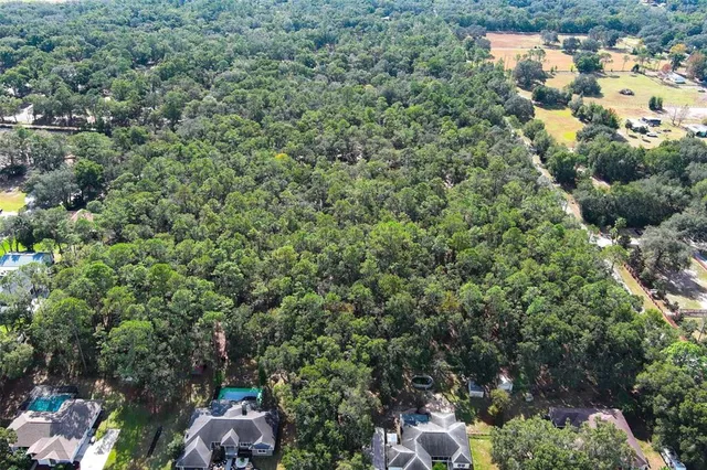 an aerial view of residential house with outdoor space and trees all around