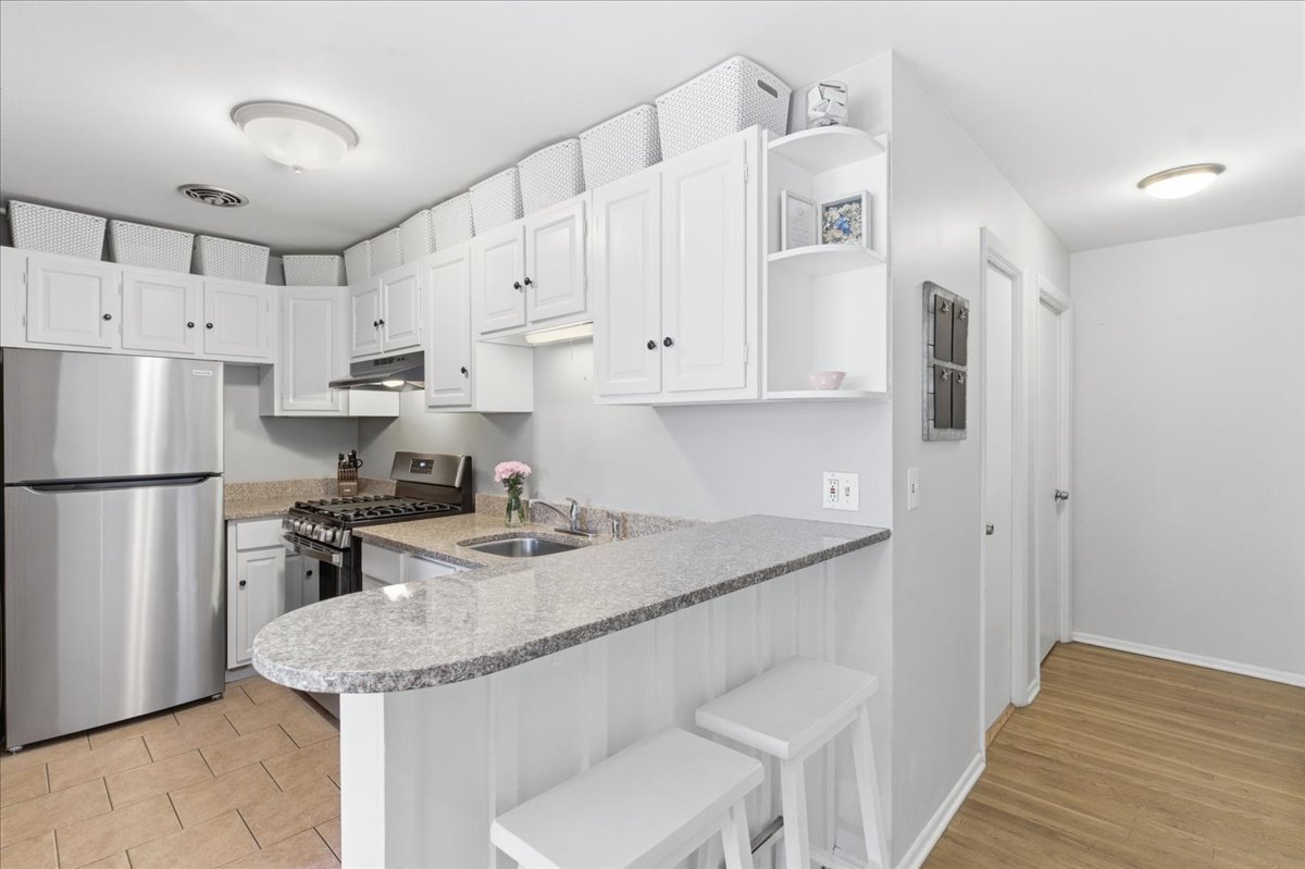 802 West George Street, Unit 1 Chicago, IL 60657 - Photo 5 of 18 a kitchen with stainless steel appliances granite countertop a sink stove and refrigerator