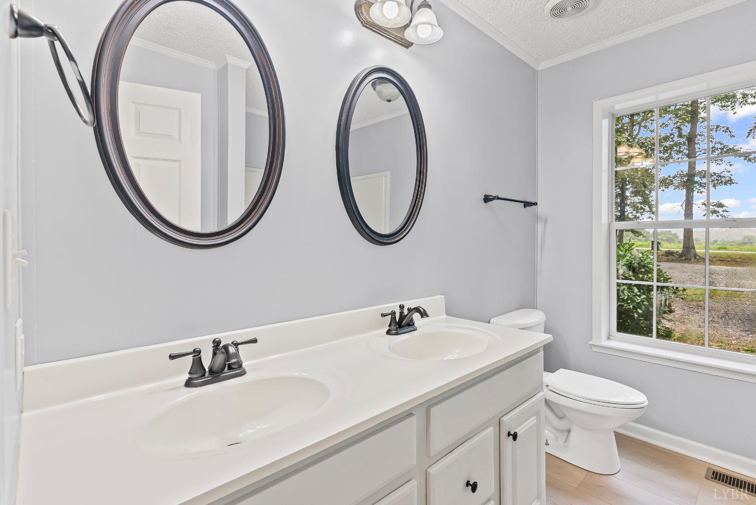 3701 Bethany Road Rustburg, VA 24588 - Photo 20 of 55 a bathroom with a granite countertop toilet a sink and a mirror