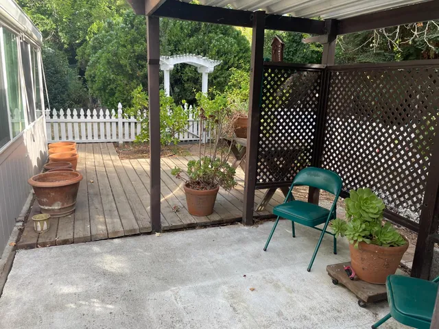 a garden view with a seating space