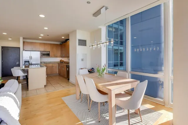a view of a dining room with furniture