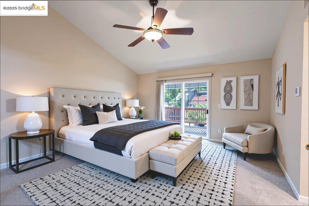 1003 Linda Vista Way Rio Vista, CA 94571 - Photo 29 of 60 Bedroom with access to exterior, lofted ceiling, light carpet, and a ceiling fan