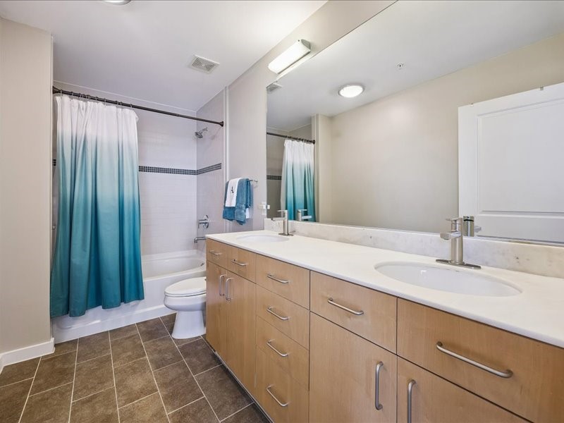 5925 Almeda Road, Unit 12202 Houston, TX 77004 - Photo 6 of 33 Spacious primary bath with dual vanities, marble countertops, ample cabinet storage, and a tub/shower combination designed for comfort and functionality.