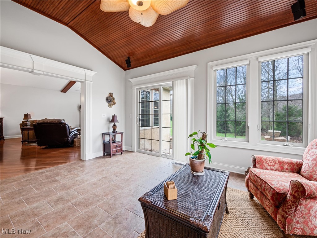 5349 Slater Ridge Westerville, OH 43082 - Photo 20 of 50 Living area with vaulted ceiling, wooden ceiling, and ceiling fan