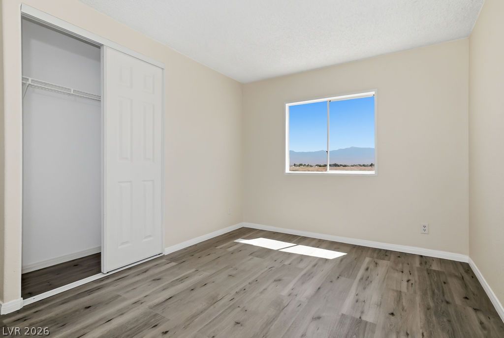 4550 Horn Road Pahrump, NV 89048 - Photo 13 of 20 A well-lit bedroom features durable laminate flooring and a spacious sliding door closet.