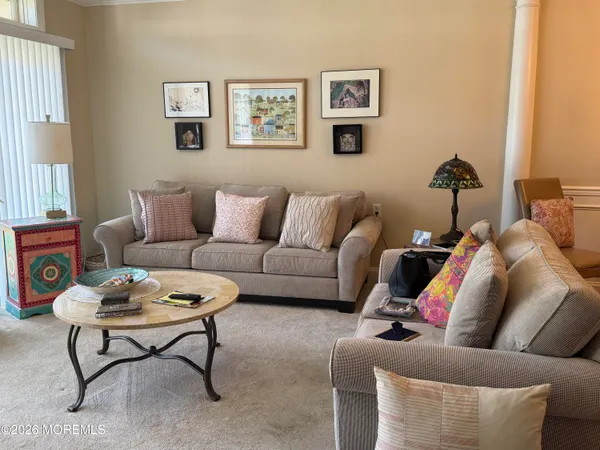 a living room with furniture a rug and a window