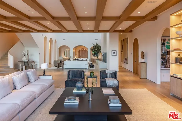 a living room with furniture a fireplace and a potted plant