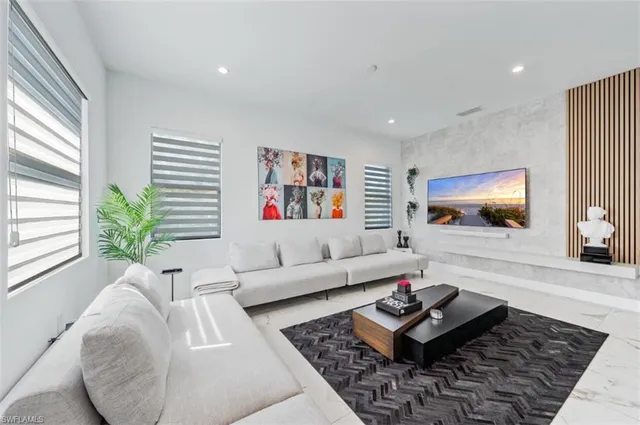 a living room with furniture and a potted plant
