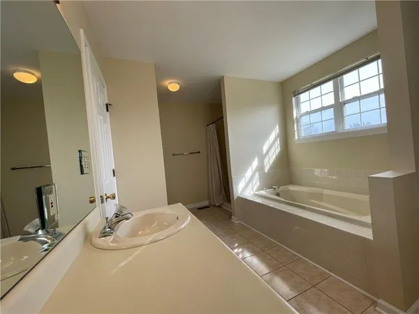 a bathroom with a tub sink and mirror