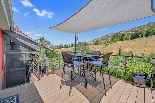 510 Spring Creek Road Providence, UT 84332 - Photo 51 of 97 Expansive outdoor deck featuring wood-finish flooring, a white sunshade, and metal railings