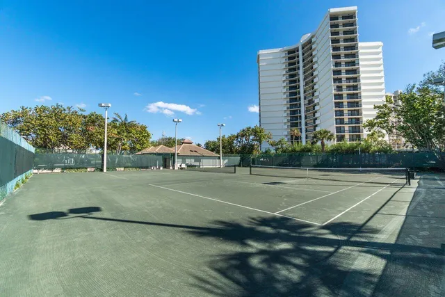 a view of a tennis ground with large trees