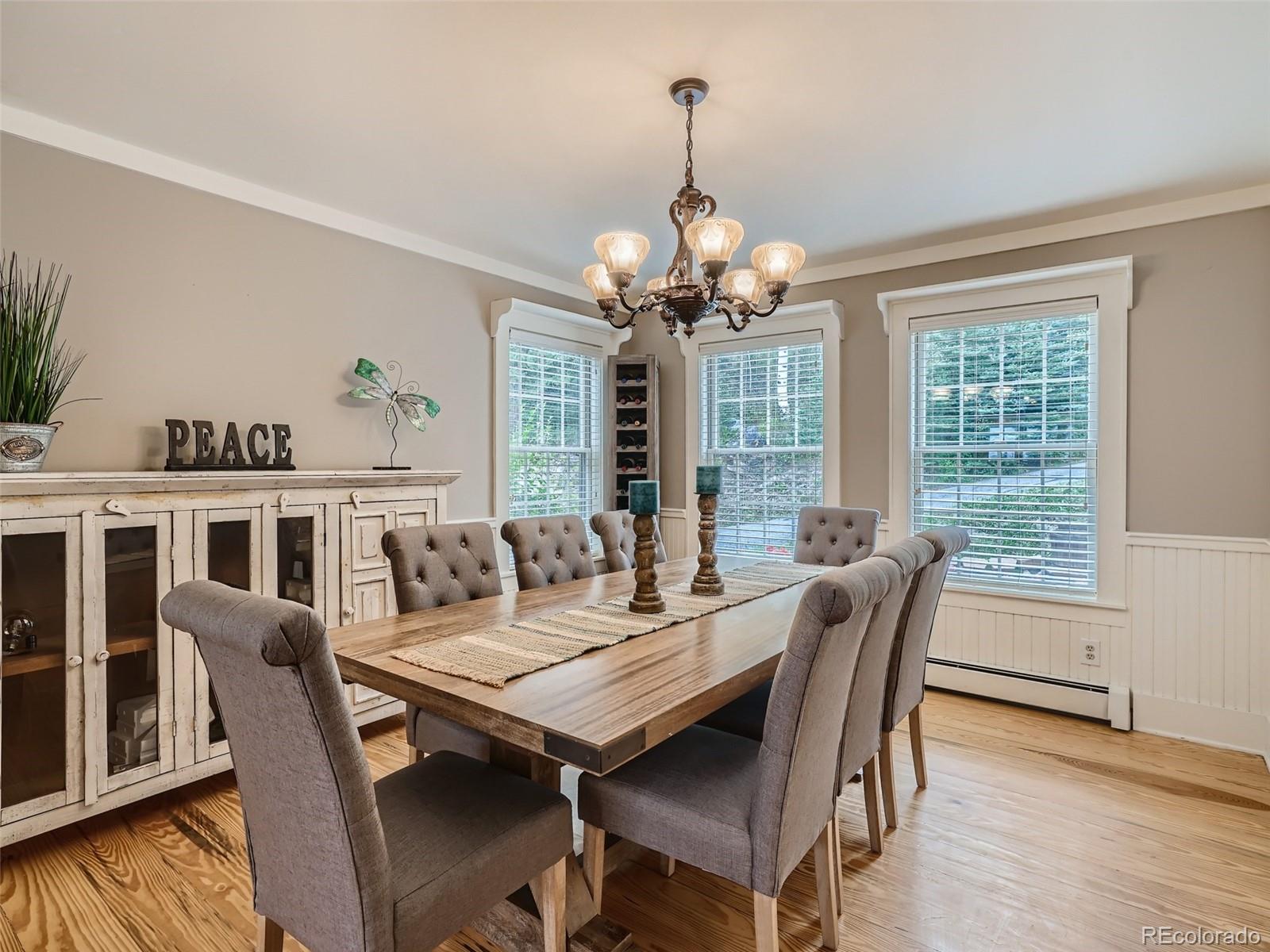 4387 Witter Gulch Road Evergreen, CO 80439 - Photo 6 of 31 a view of a dining room with furniture wooden floor and chandelier