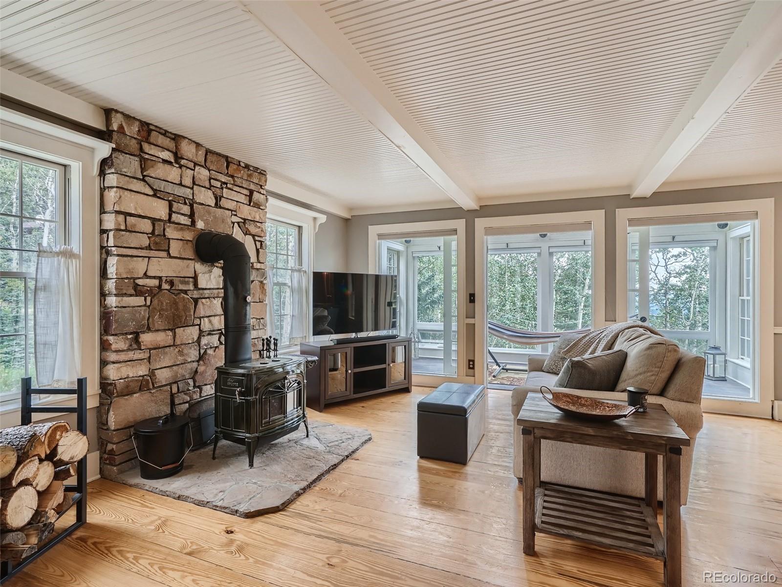 4387 Witter Gulch Road Evergreen, CO 80439 - Photo 10 of 31 a living room with furniture a large window and a flat screen tv