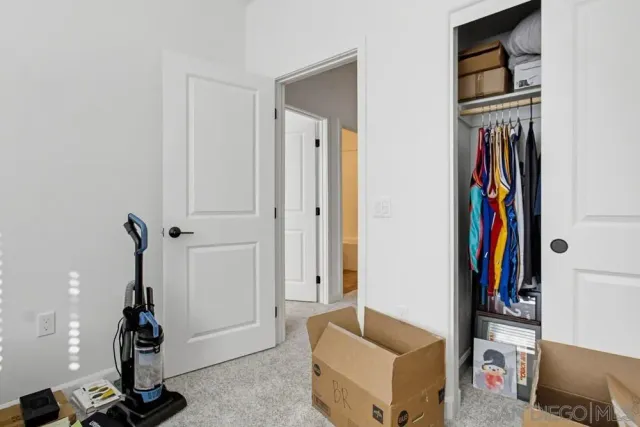 a view of a livingroom with furniture and closet