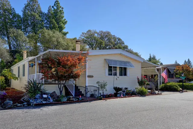 front view of house with potted plants next to a road
