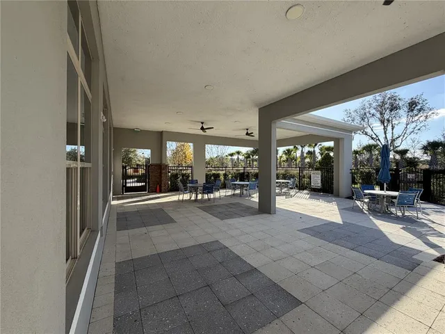 an aerial view of a swimming pool