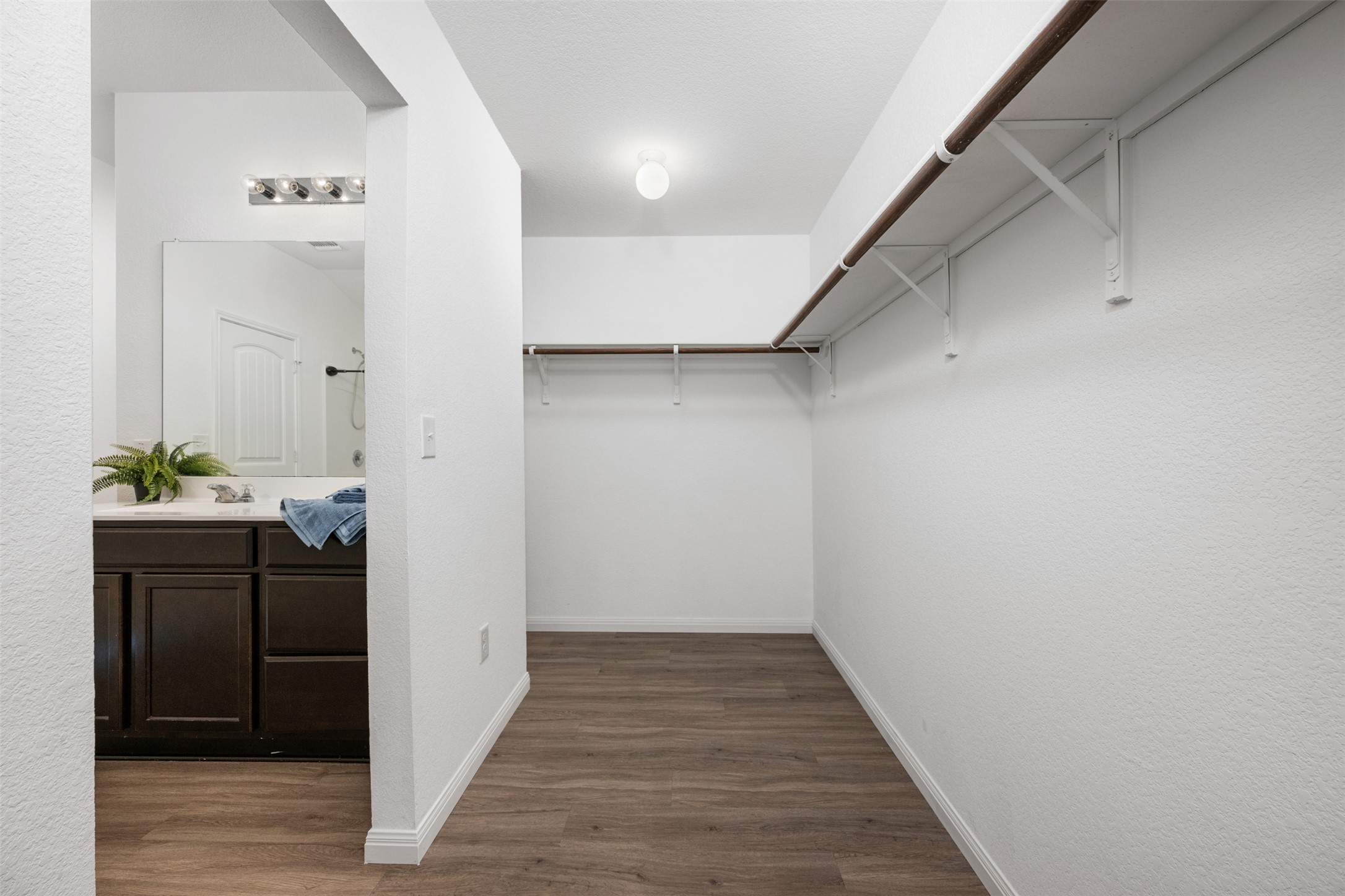 14900 Retha Pass Austin, TX 78725 - Photo 20 of 39 Walk-in closet featuring wood-finish flooring, white walls, and built-in shelving with hanging rods