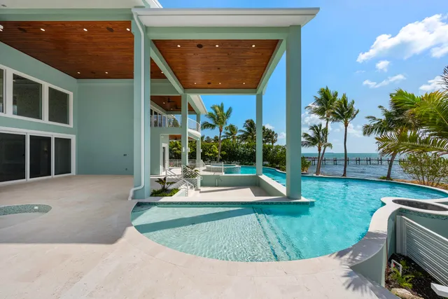 a view of a swimming pool with a patio and a garden