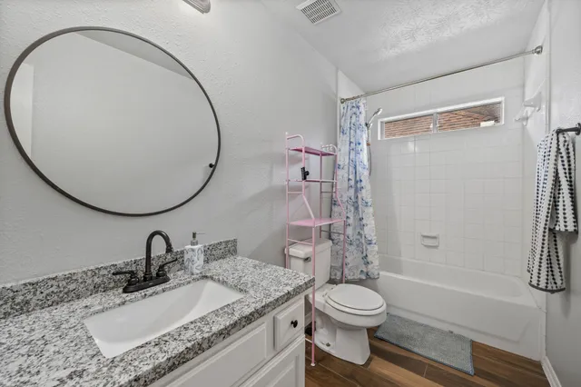 a bathroom with a granite countertop sink toilet and a mirror