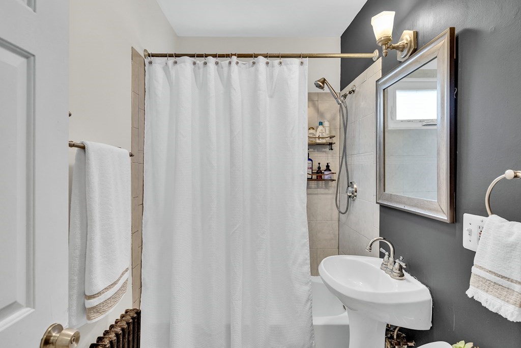 63-65 Brookley Road, Unit 1 Boston, MA 02130 - Photo 12 of 20 a bathroom with a sink a mirror and a shower curtain
