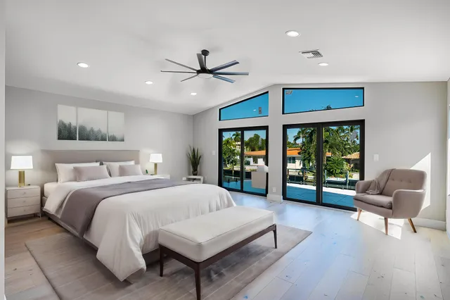 a spacious bedroom with a bed and a large window