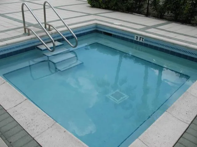 a view of swimming pool with lawn chairs and plants