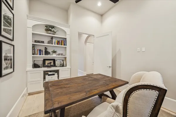 a view of a dining room with furniture