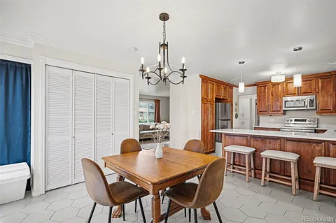 a view of a dining room with furniture window and outside view