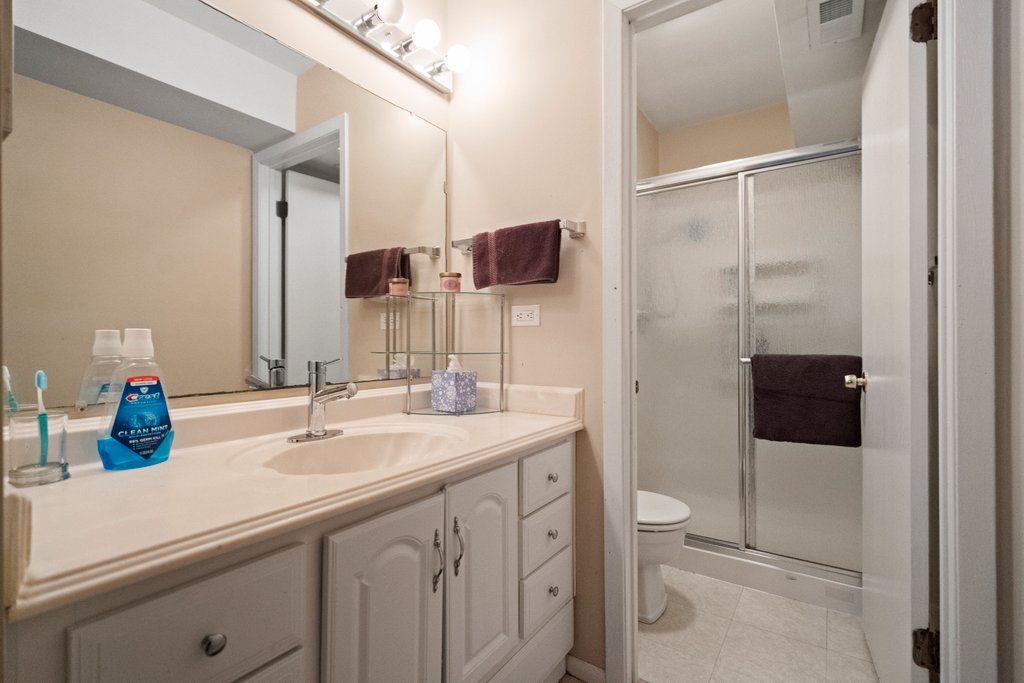 918 East Kings Row, Unit 1 Palatine, IL 60074 - Photo 29 of 36 a bathroom with a double vanity sink toilet and mirror