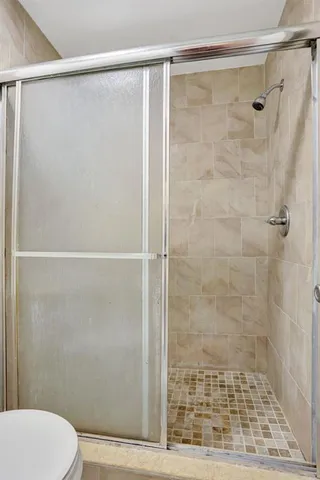 a bathroom with a shower and a toilet