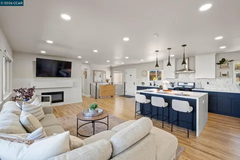 a living room with fireplace furniture and a wooden floor