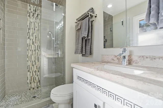 a bathroom with a granite countertop sink toilet and shower