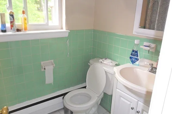 a bathroom with a sink a toilet and a mirror