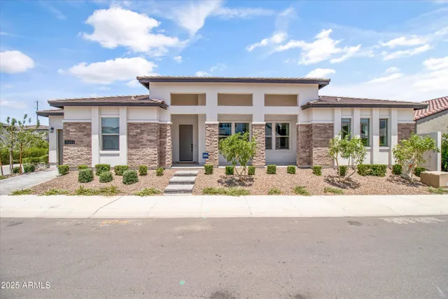 front view of a house with a patio