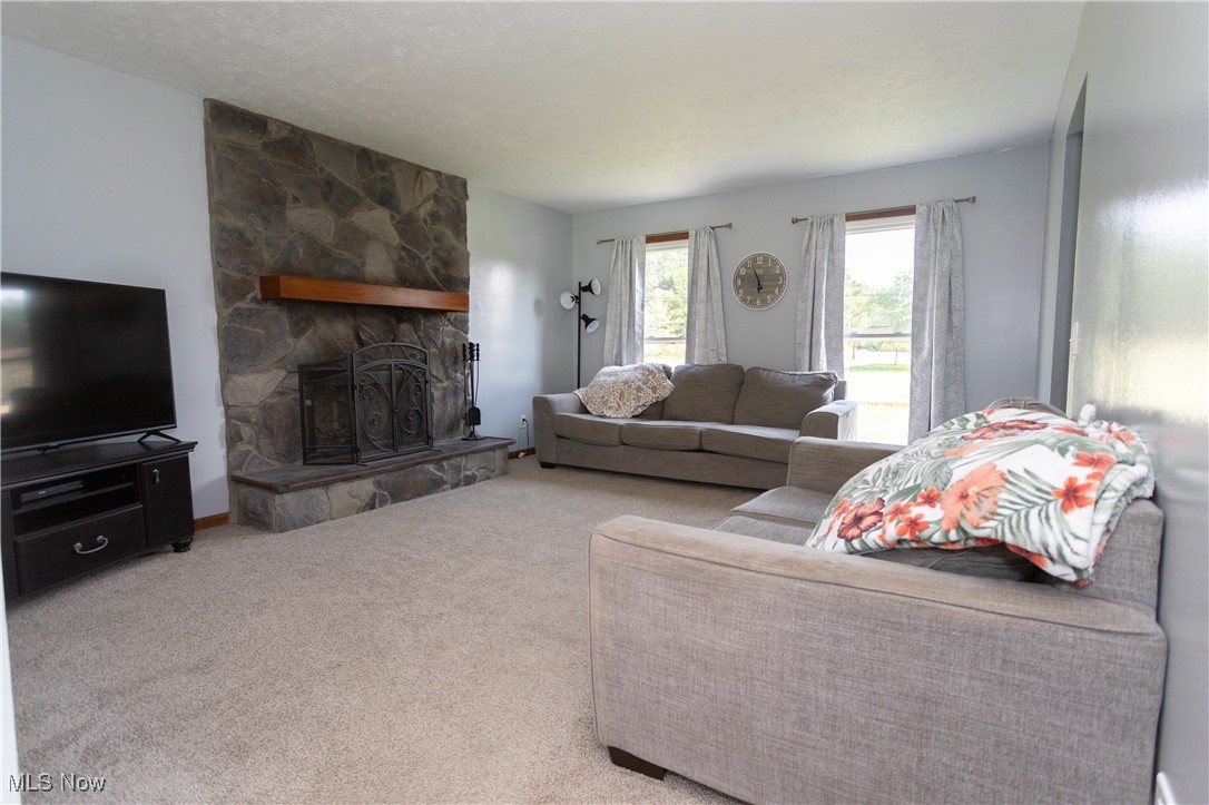 4171 Laubert Road Atwater, OH 44201 - Photo 28 of 42 Living room with light colored carpet, a textured ceiling, and a stone fireplace