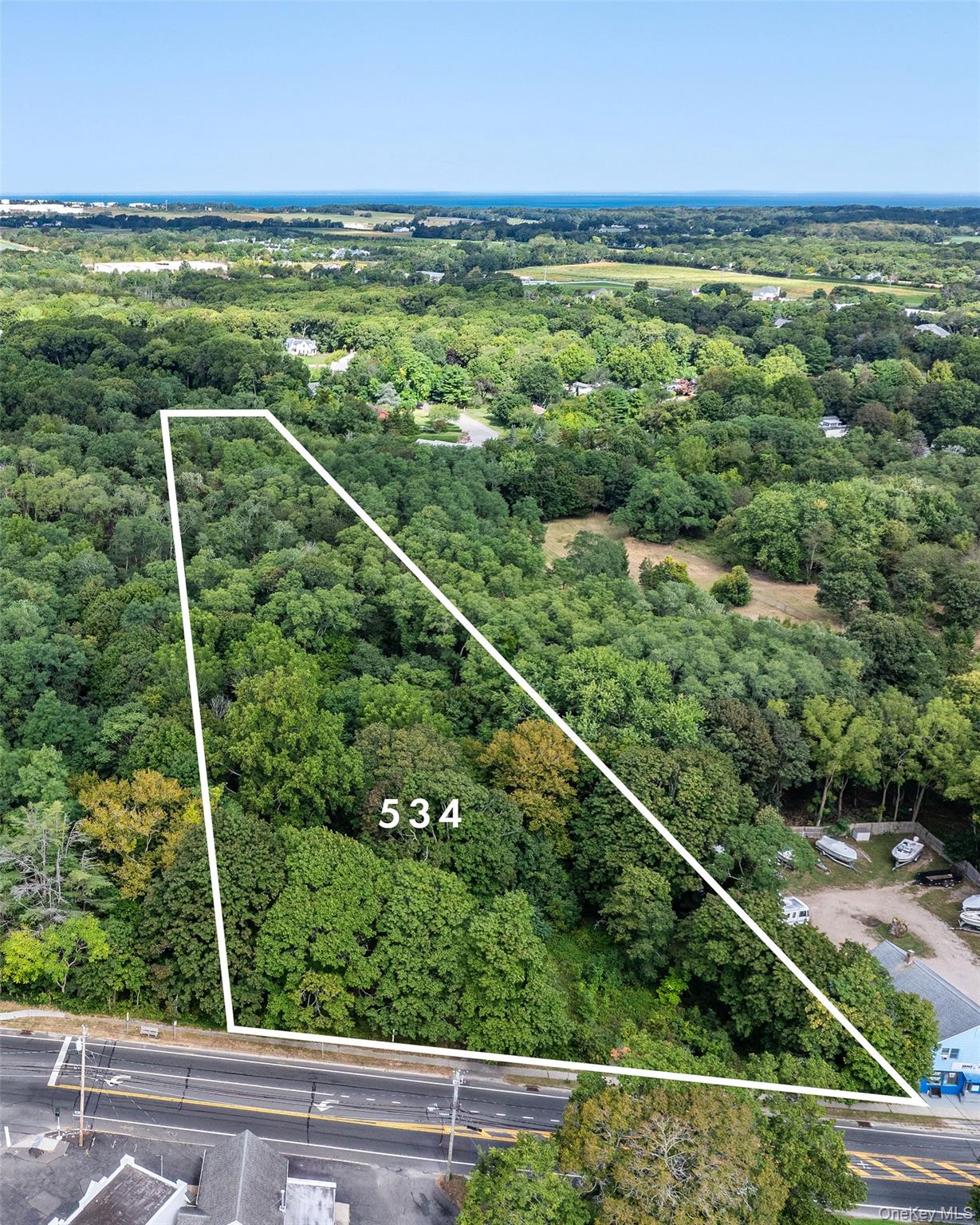 534 Main Road Aquebogue, NY 11901 - Photo 5 of 6 Aerial view of property's location with property parcel outlined and a forest
