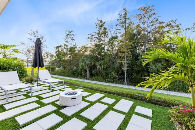 a view of a swimming pool with a garden and plants