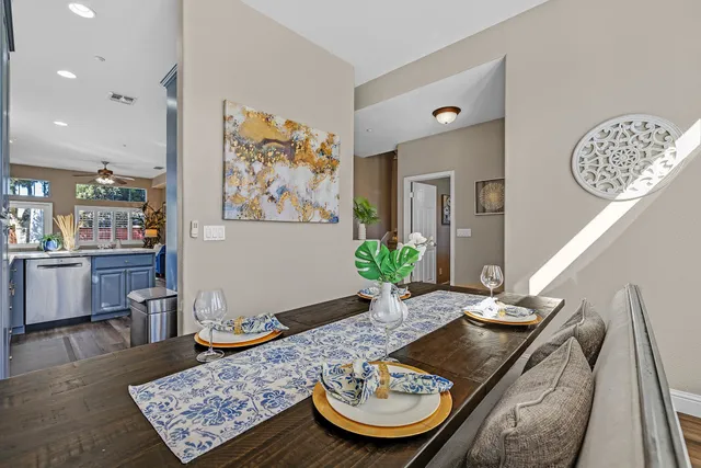 a view of a dining room with furniture