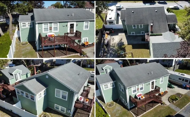 an aerial view of houses with outdoor space