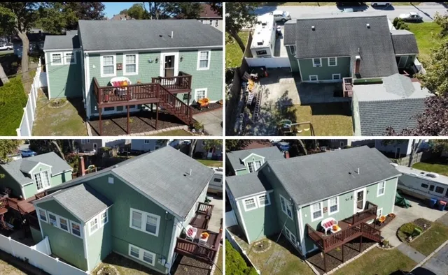 an aerial view of houses with outdoor space